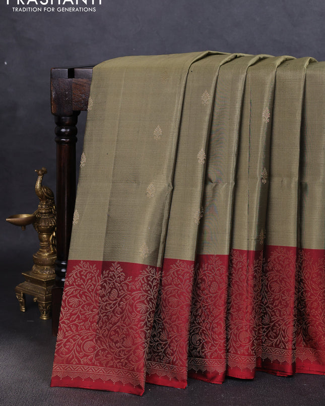 Pure soft silk saree pastel green and maroon with zari woven buttas and zari woven border