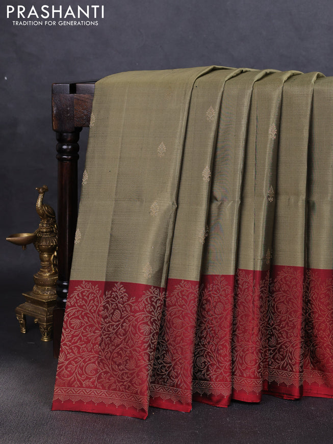 Pure soft silk saree pastel green and maroon with zari woven buttas and zari woven border