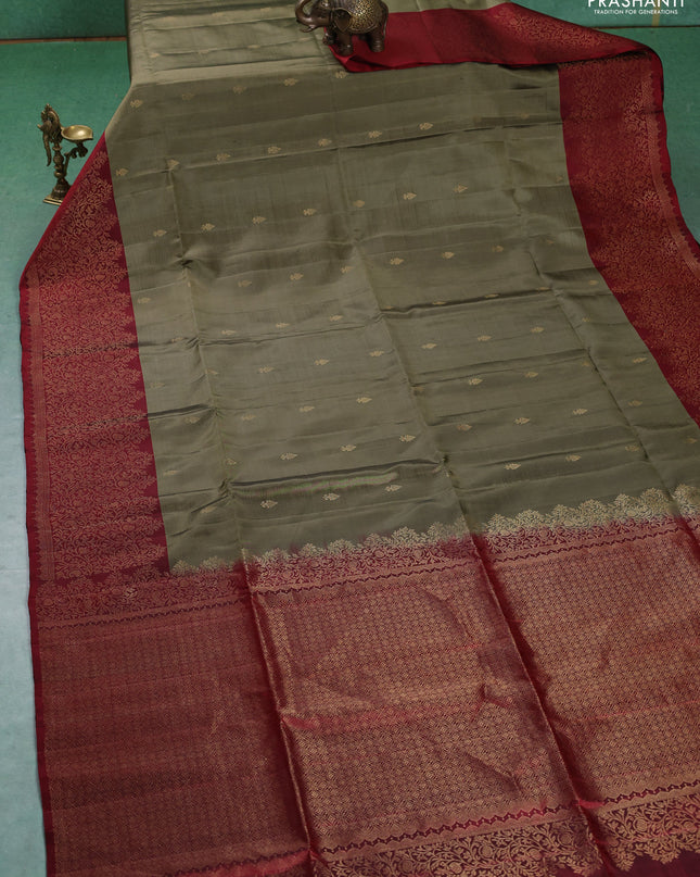 Pure soft silk saree pastel green and maroon with zari woven buttas and zari woven border