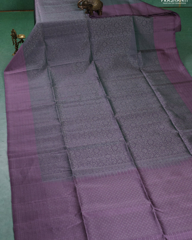 Pure soft silk saree grey and pastel lavender with allover silver zari woven brocade weaves and zari woven border