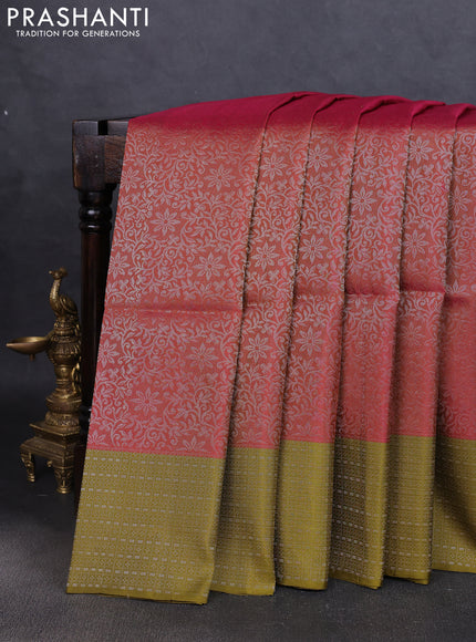 Pure soft silk saree dual shade of pink and mehendi green with allover silver zari woven brocade weaves and zari woven border