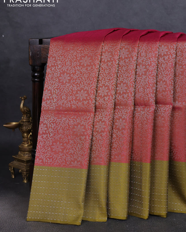 Pure soft silk saree dual shade of pink and mehendi green with allover silver zari woven brocade weaves and zari woven border