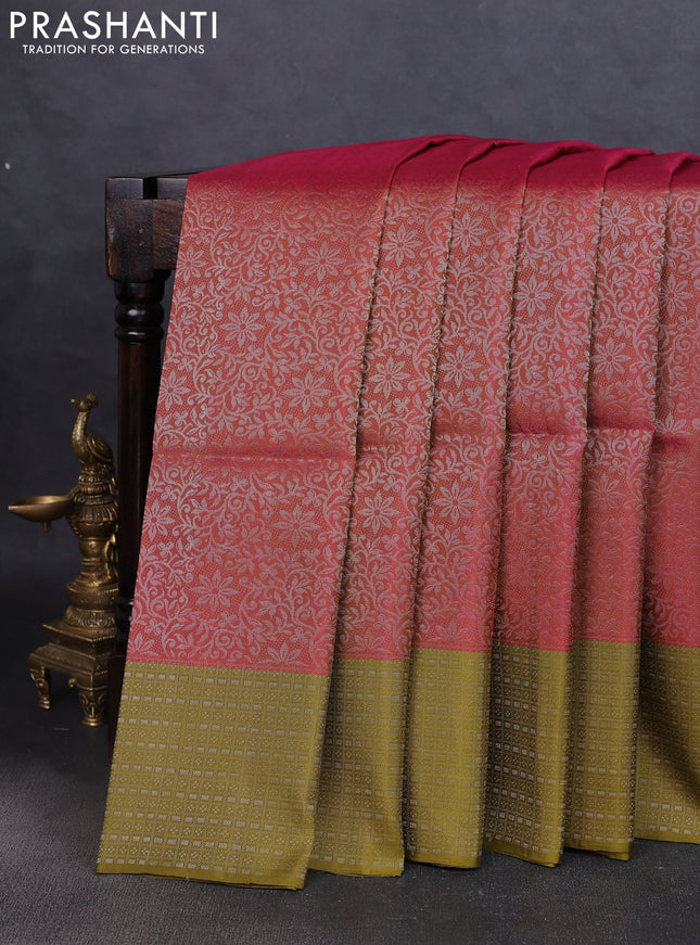 Pure soft silk saree dual shade of pink and mehendi green with allover silver zari woven brocade weaves and zari woven border