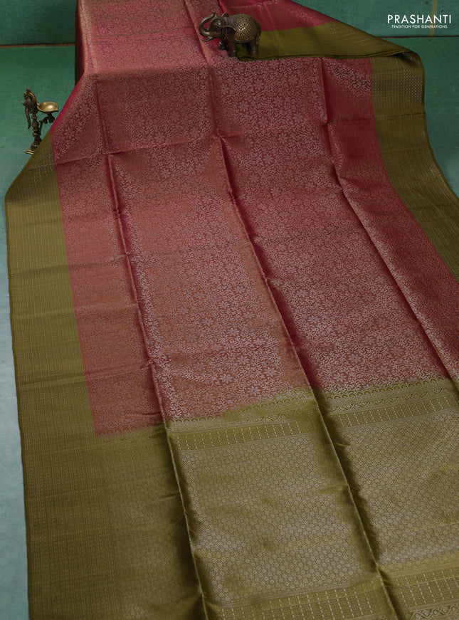Pure soft silk saree dual shade of pink and mehendi green with allover silver zari woven brocade weaves and zari woven border