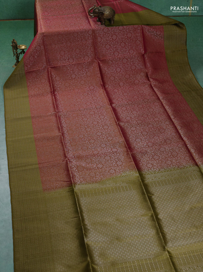 Pure soft silk saree dual shade of pink and mehendi green with allover silver zari woven brocade weaves and zari woven border
