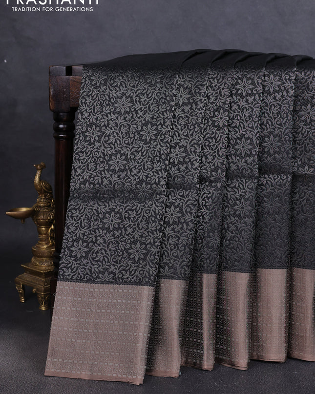 Pure soft silk saree black and grey with allover silver zari woven brocade weaves and zari woven border