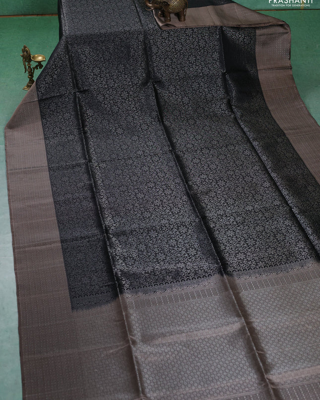 Pure soft silk saree black and grey with allover silver zari woven brocade weaves and zari woven border