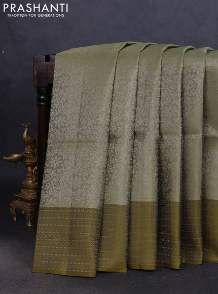 Pure soft silk saree pastel green and mehendi green with allover silver zari woven brocade weaves and zari woven border