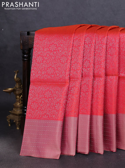 Pure soft silk saree dual shade of pinkish orange and pink shade with allover silver zari woven brocade weaves and zari woven border