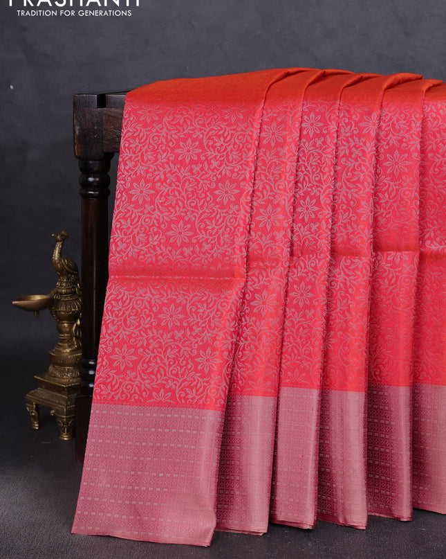 Pure soft silk saree dual shade of pinkish orange and pink shade with allover silver zari woven brocade weaves and zari woven border