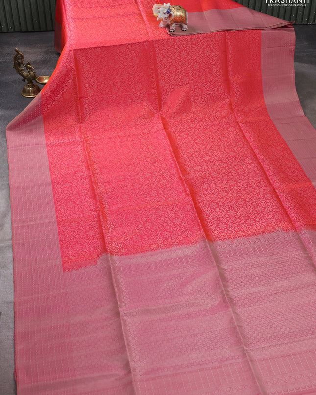 Pure soft silk saree dual shade of pinkish orange and pink shade with allover silver zari woven brocade weaves and zari woven border