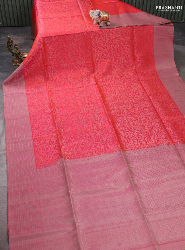 Pure soft silk saree dual shade of pinkish orange and pink shade with allover silver zari woven brocade weaves and zari woven border