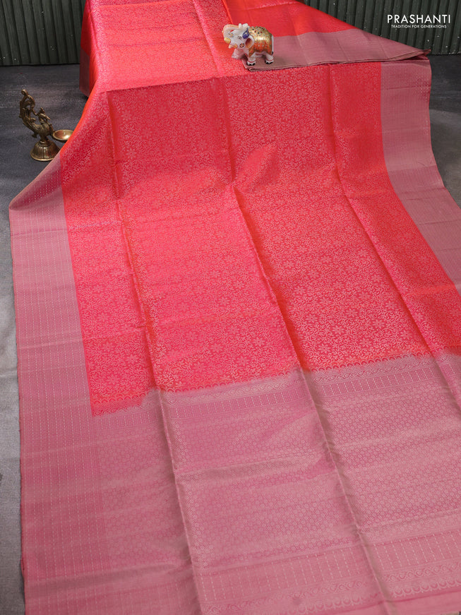 Pure soft silk saree dual shade of pinkish orange and pink shade with allover silver zari woven brocade weaves and zari woven border