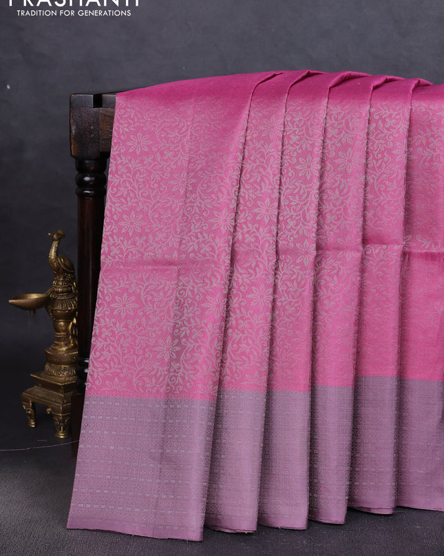 Pure soft silk saree mauve pink and pastel lavender with allover silver zari woven brocade weaves and zari woven border