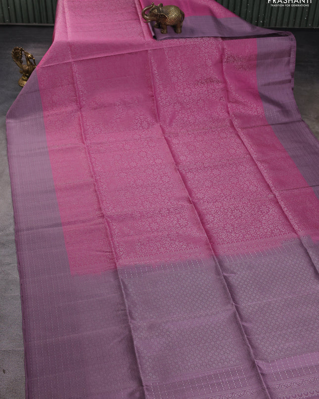 Pure soft silk saree mauve pink and pastel lavender with allover silver zari woven brocade weaves and zari woven border