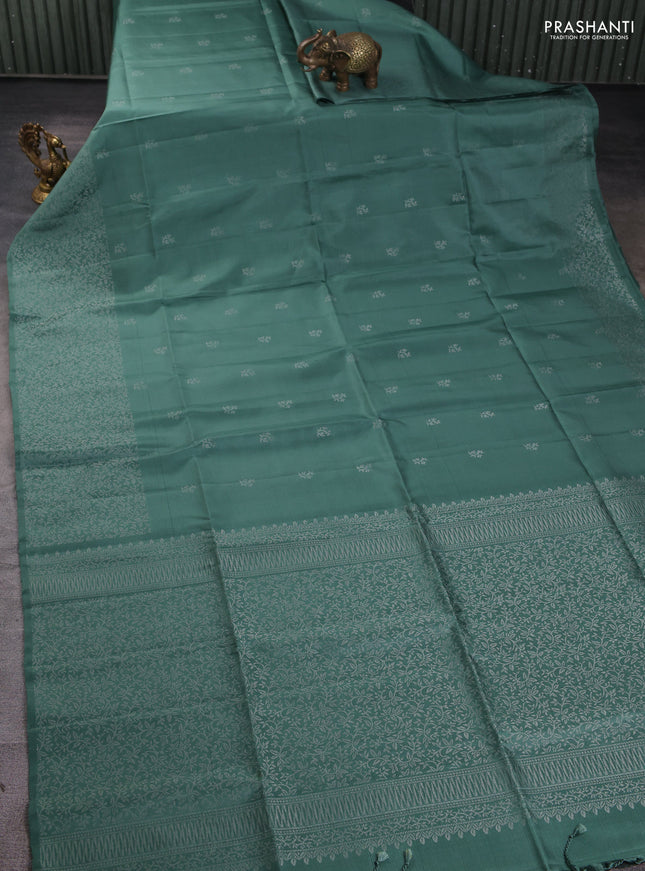 Pure soft silk saree pastel green with silver zari woven buttas and zari woven border