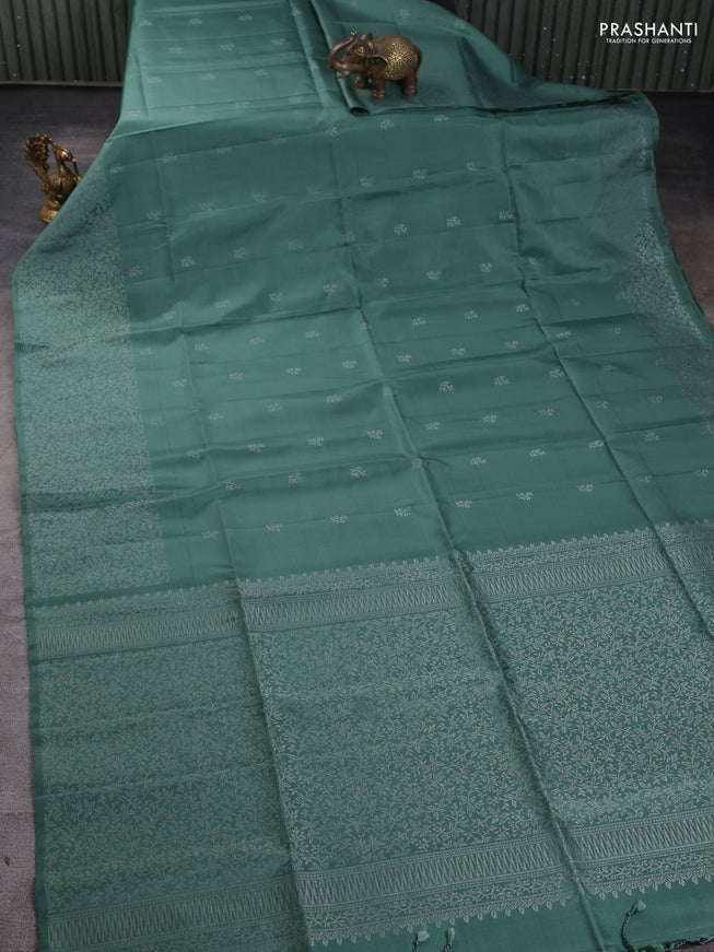 Pure soft silk saree pastel green with silver zari woven buttas and zari woven border