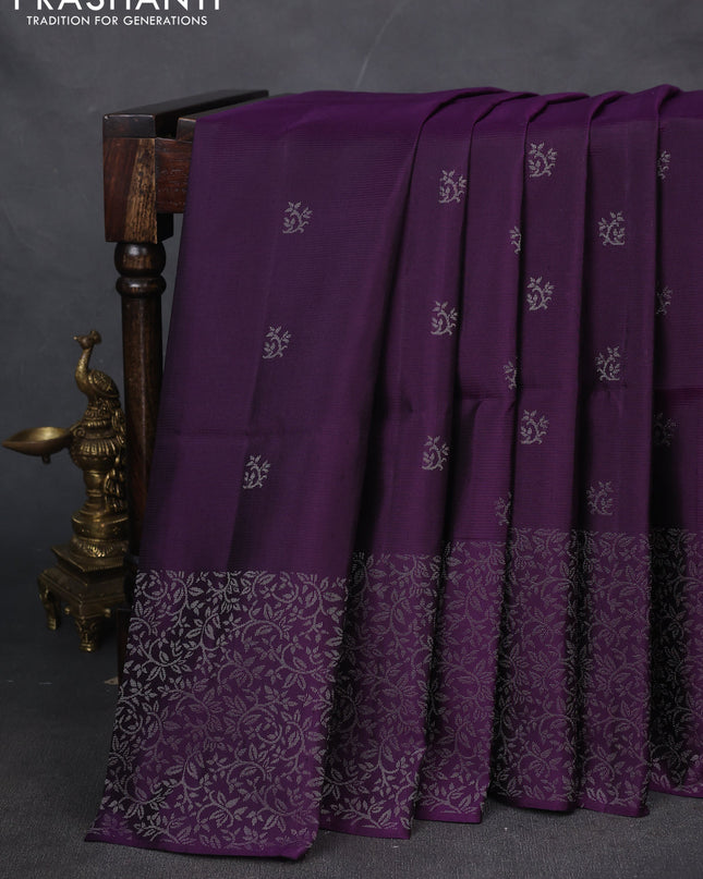 Pure soft silk saree violet with silver zari woven buttas and zari woven border