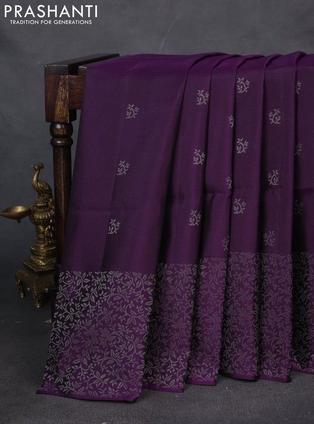 Pure soft silk saree violet with silver zari woven buttas and zari woven border