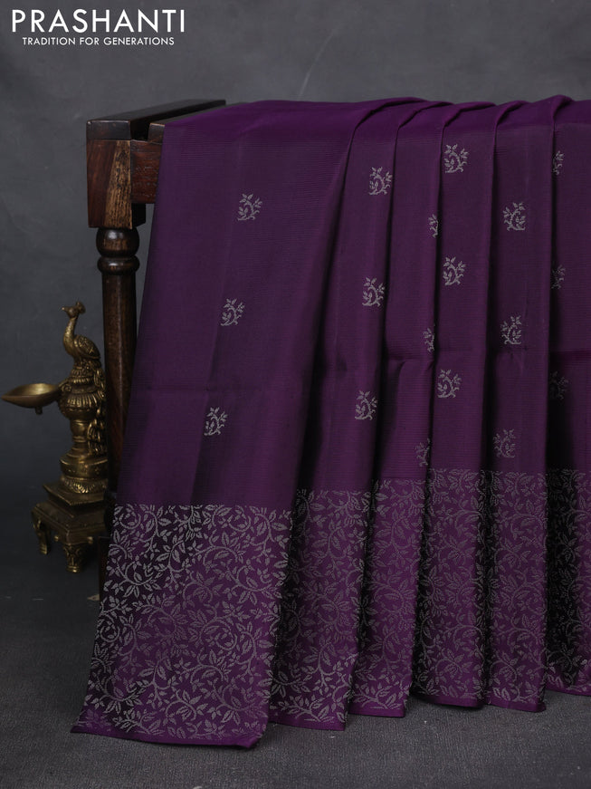 Pure soft silk saree violet with silver zari woven buttas and zari woven border