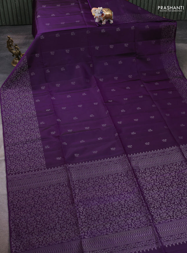Pure soft silk saree violet with silver zari woven buttas and zari woven border