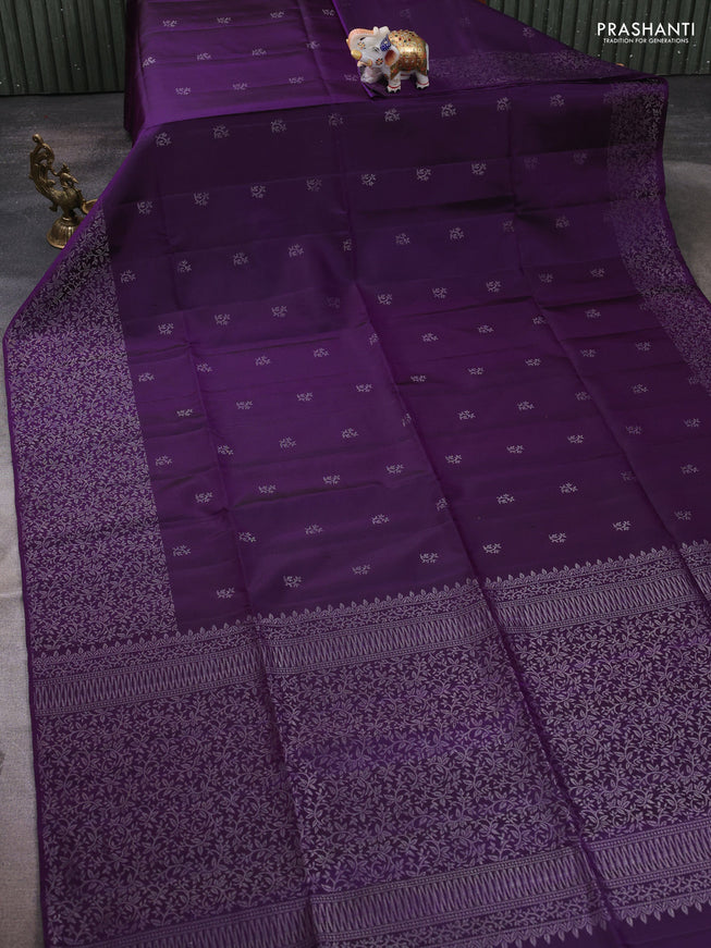 Pure soft silk saree violet with silver zari woven buttas and zari woven border