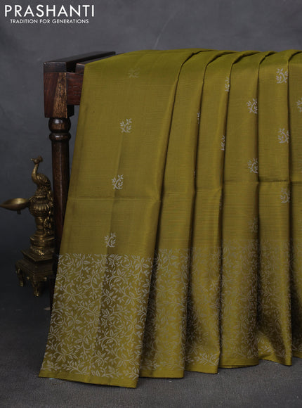 Pure soft silk saree mehendi green with silver zari woven buttas and zari woven border