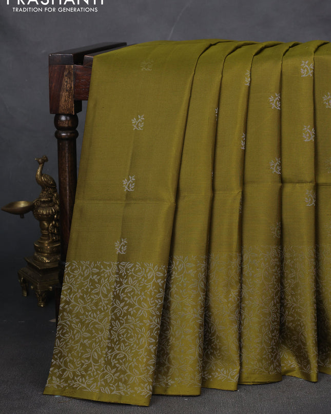Pure soft silk saree mehendi green with silver zari woven buttas and zari woven border