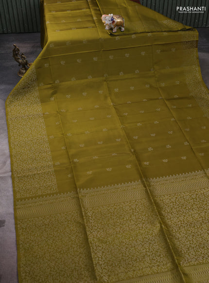 Pure soft silk saree mehendi green with silver zari woven buttas and zari woven border
