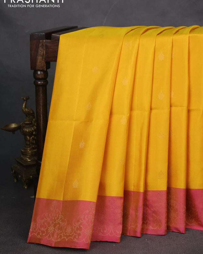 Pure soft silk saree yellow and dual shade of pink with zari woven buttas and zari woven border