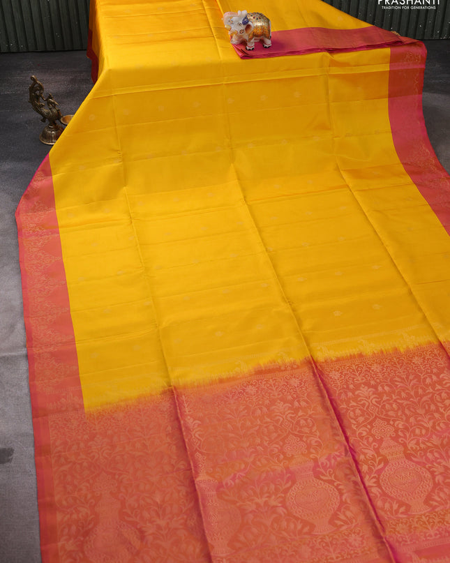 Pure soft silk saree yellow and dual shade of pink with zari woven buttas and zari woven border