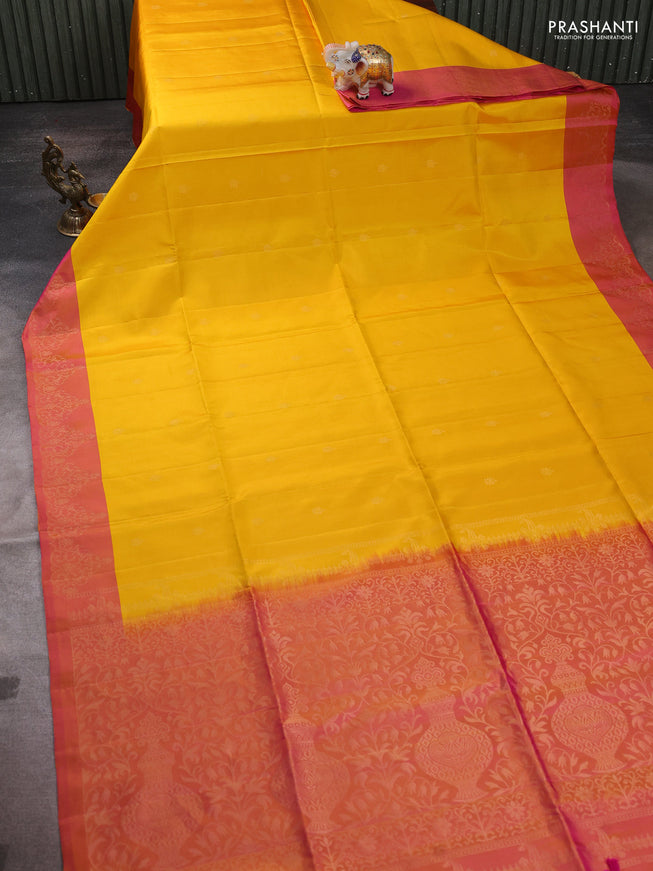 Pure soft silk saree yellow and dual shade of pink with zari woven buttas and zari woven border