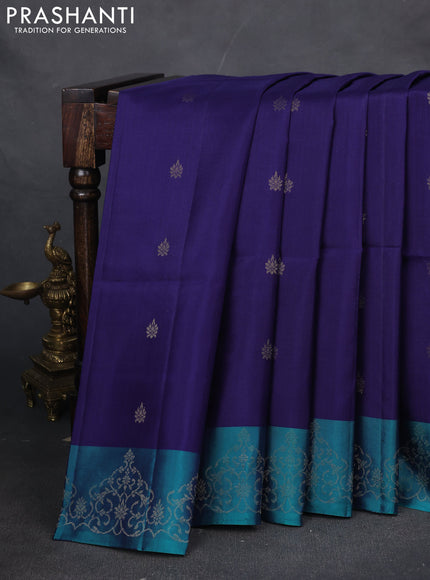 Pure soft silk saree blue and peacock green with zari woven buttas and zari woven border