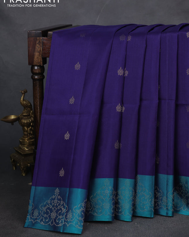 Pure soft silk saree blue and peacock green with zari woven buttas and zari woven border