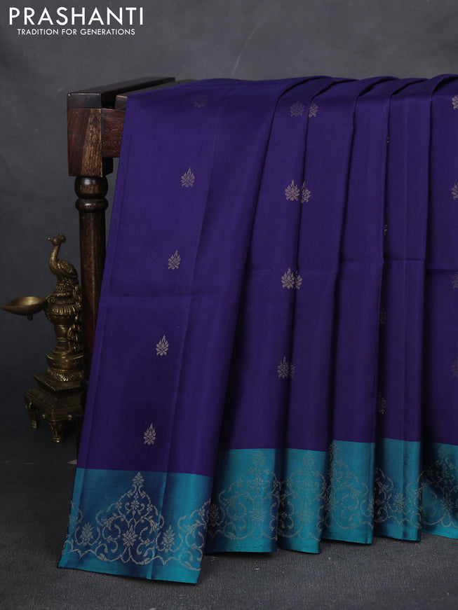 Pure soft silk saree blue and peacock green with zari woven buttas and zari woven border