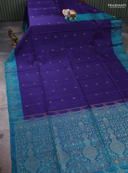Pure soft silk saree blue and peacock green with zari woven buttas and zari woven border