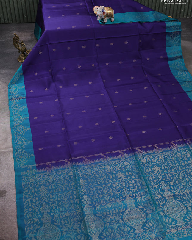 Pure soft silk saree blue and peacock green with zari woven buttas and zari woven border