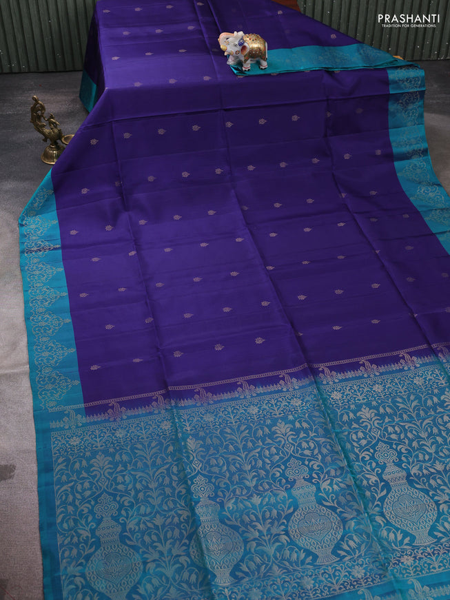 Pure soft silk saree blue and peacock green with zari woven buttas and zari woven border