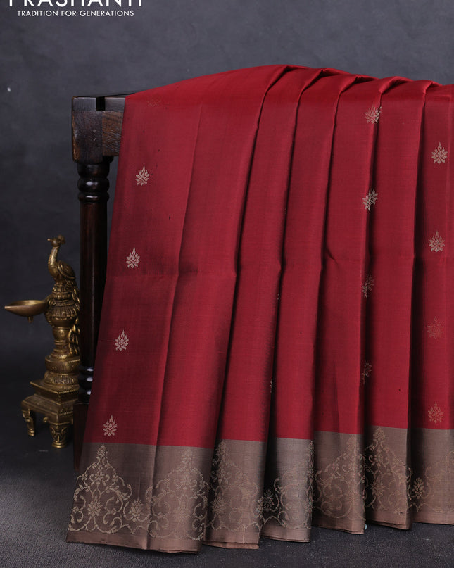 Pure soft silk saree maroon and grey with zari woven buttas and zari woven border