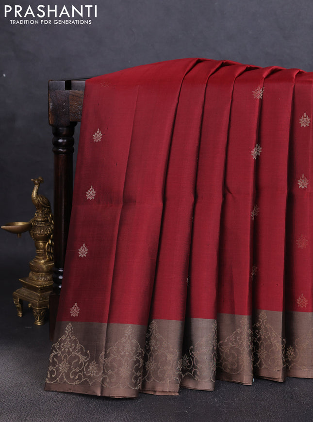 Pure soft silk saree maroon and grey with zari woven buttas and zari woven border