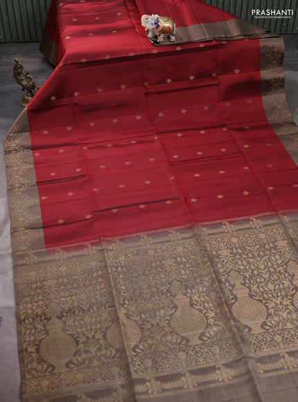 Pure soft silk saree maroon and grey with zari woven buttas and zari woven border