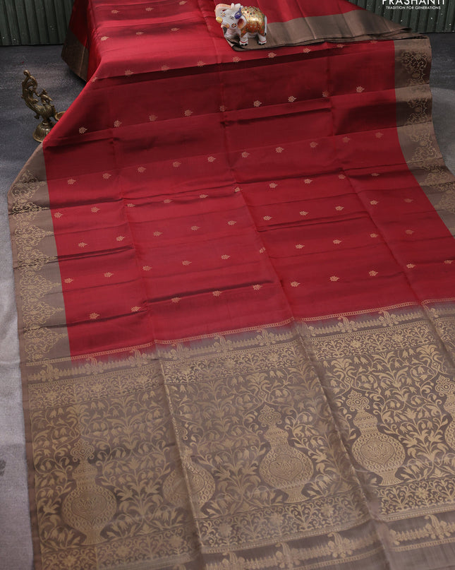 Pure soft silk saree maroon and grey with zari woven buttas and zari woven border