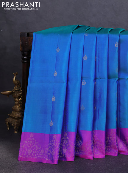 Pure soft silk saree teal blue and purple with zari woven buttas and zari woven border