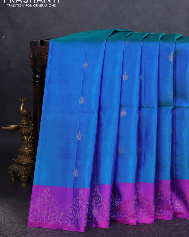 Pure soft silk saree teal blue and purple with zari woven buttas and zari woven border