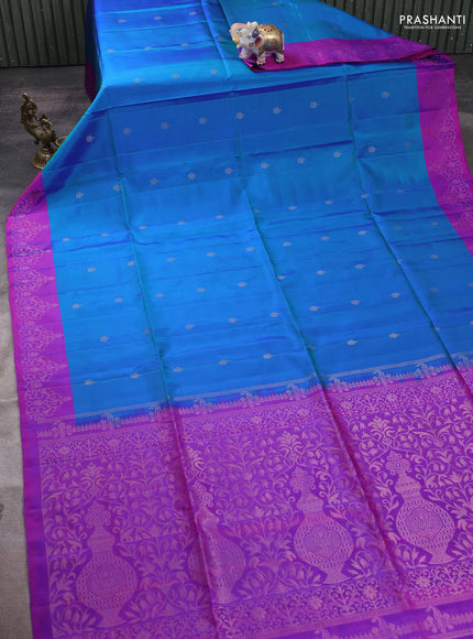 Pure soft silk saree teal blue and purple with zari woven buttas and zari woven border