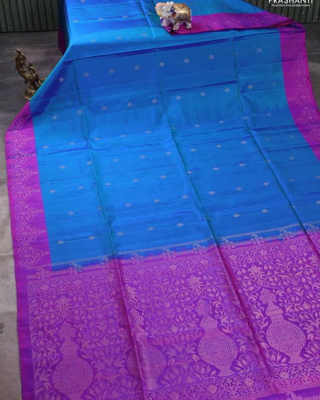 Pure soft silk saree teal blue and purple with zari woven buttas and zari woven border