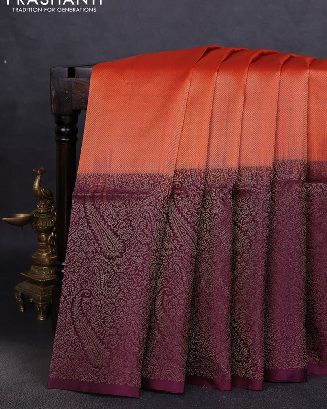 Pure soft silk saree orange and wine shade with allover zari woven brocade weaves and zari woven border