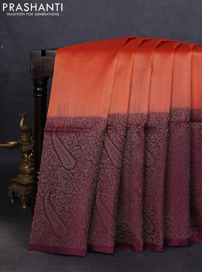 Pure soft silk saree orange and wine shade with allover zari woven brocade weaves and zari woven border