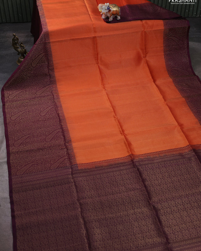 Pure soft silk saree orange and wine shade with allover zari woven brocade weaves and zari woven border