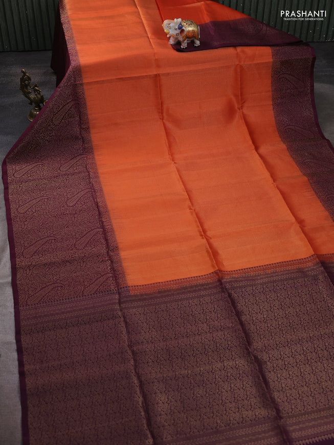 Pure soft silk saree orange and wine shade with allover zari woven brocade weaves and zari woven border